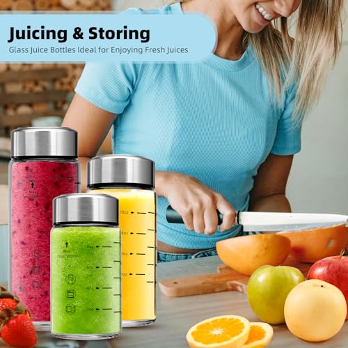 Chunmo 4 Pack 590ml Wide Mouth Glass Juice Bottles with Stainless Steel Lids - Leakproof, BPA Free, Reusable