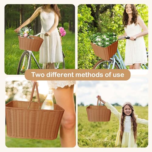 RainFlowwer Large Woven Bike Basket Front for Adult Bike - Red Brown