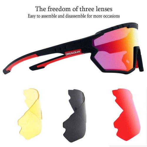 GIEADUN Polarized Sports Sunglasses Cycling Glasses Baseball Sunglasses with 3 lenses,Fishing,Ski Running Golf (black red, Large)