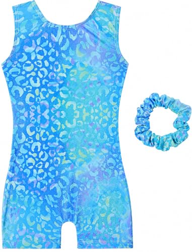 Blue Leopard Print Gymnastics Leotard for Girls + Hair Scrunchie - 4-5T