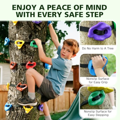 12 Ninja Tree Climbing Holds for Kids - Multicolor Set with Ratchet Straps
