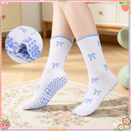 3 Pairs Cute Pilates Grip Socks for Women - Heart, Bow & Cherry