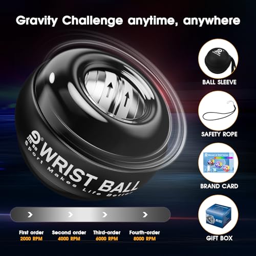 Gyro Ball Wrist Trainer - Auto-Start Gyroscopic Forearm Exerciser - Pure Black No Light