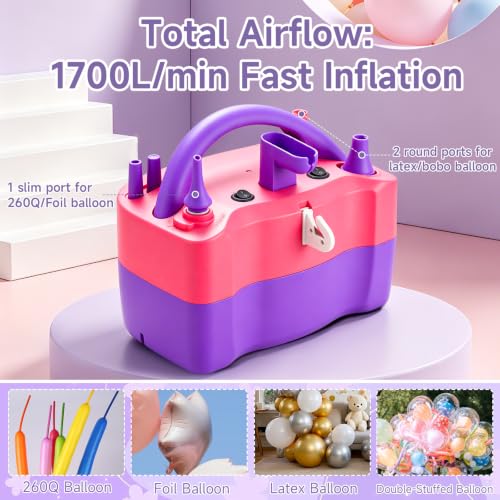 YICHENGDA Purple Pink 4-in-1 Electric Balloon Pump with Nozzles & Accessories