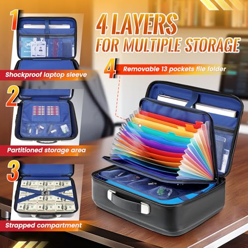 DEEGO Fireproof Document Box Hard Case, Waterproof Fire Proof Safe for Home Documents with Removable Accordian File Folder, Fireproof Lock Box Protect Laptop, Certificates, Passport, Cards for Office
