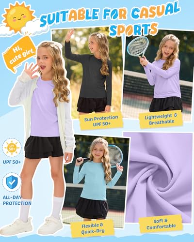 Girls' Long Sleeve Sun Shirts - 3 Pack Rash Guard 13-14Y Black, Light Blue, Light Purple