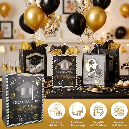 Large Graduation Gift Bags with Handles - 3-Pack Foil Embellished