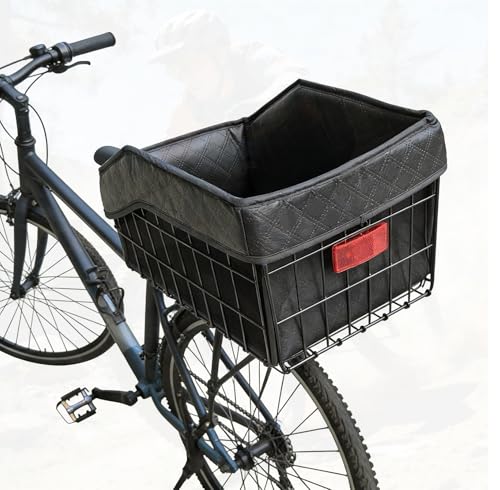 Wocaixy Large Folding Bicycle Rear Basket with Leather Liner & Waterproof Cover - Universal Fit, Heavy-Duty Metal, Supports 25kg, Includes Cargo Net & Reflective Rain Cover (Basket + Inner Bag)