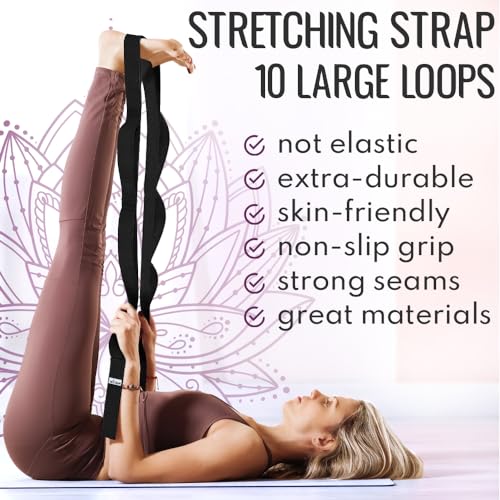 Stretching Strap with 10 Loops for Physical Therapy & Yoga - Black, 1" Wide
