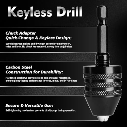 2Pcs Keyless Drill Chuck Adapter Set, 1/4" Hex Shank Quick Change (0.3-8mm) ? Fits Impact Drill & Power Tools, Carbon Steel, for Milwaukee, DeWalt, Makita (2-Piece)