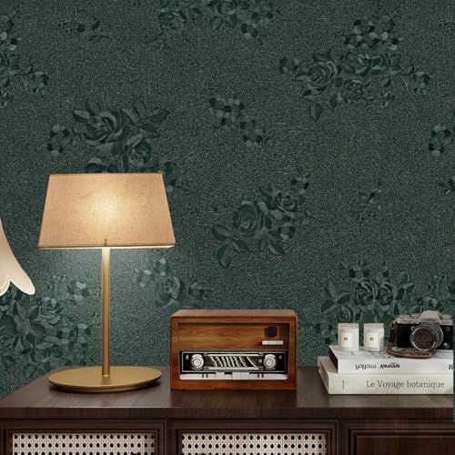 Green Peel and Stick Wallpaper, Gothic Floral Textured Dark Wall Paper Contact Paper 118"X17.7", Renter Friendly Modern Kitchen Drawers Walls Cabinets Self Adhesive Damask Cabinet Vinyl Roll