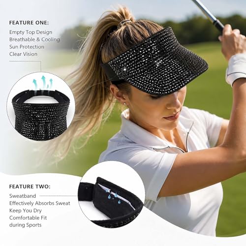 YeeSupe Women's Black Rhinestone Sun Visor Hat - Adjustable Summer Beach Cap