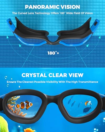 OMID Kids Swim Goggles A0-Black Blue Frame Clear Blue Lens - Comfortable, Anti-Fog, UV Protection for Ages 6-14