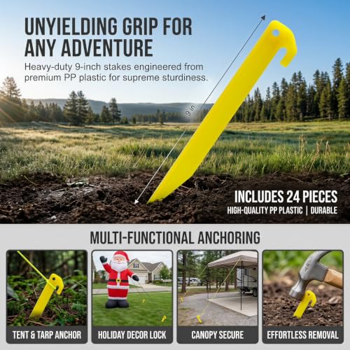 9-Inch Heavy Duty Plastic Tent Stakes - 12 Pack Yellow Camping Pegs