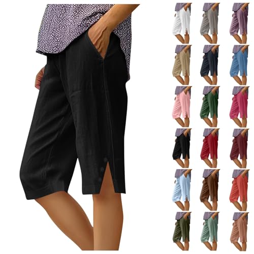Knee Length Linen Bermuda Shorts for Women - Black, X-Large