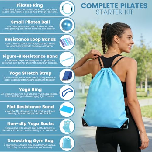 Pilates Kit for Home Workouts - 13PC Resistance Bands Set - Blue