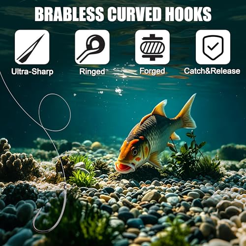 OREOTL 210PCS Barbless Carp Fishing Hooks Kit - Saltwater & Freshwater Curve Shank Circle Hooks for Carp & Bass