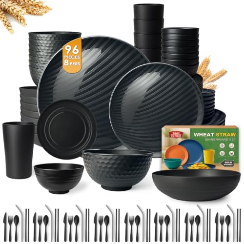 Teivio 96-Piece Wheat Straw Dinnerware Set for 8 - Flatware Light Black