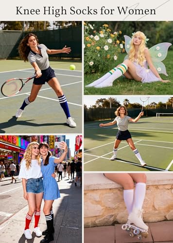 Athletic Knee High Socks - Casual Striped Tube Socks, Blue & White