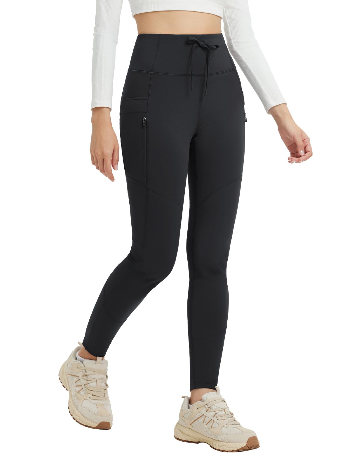baleaf Women's Fleece Lined Leggings Hiking Ripstop Water Resistant Pants Thermal Warm Winter Tights with Zipper Pockets Cold Weather Gear Black M