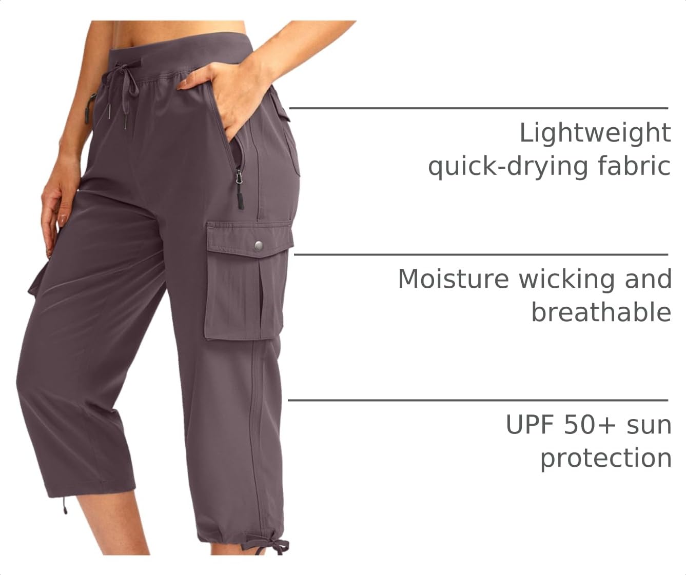 Soothfeel Women's Cargo Capris Pants with 6 Pockets Lightweight Quick Dry Travel Hiking Summer Pants for Women Casual (Dusty Purple, S)