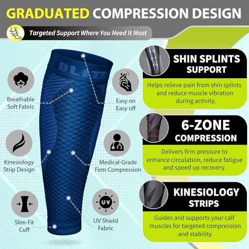 BLITZU Calf Compression Sleeves Footless for Men & Women Navy Large/X-Large