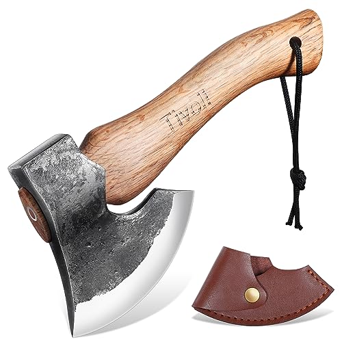 Tivoli 9-inch Small Hatchet Axe for Camping, Small Wood Hatchet Hand Axe, Hand Forged Carbon Steel Short Camp Axe for Chopping Wood, Ash Wood Handle, Retro Sheath