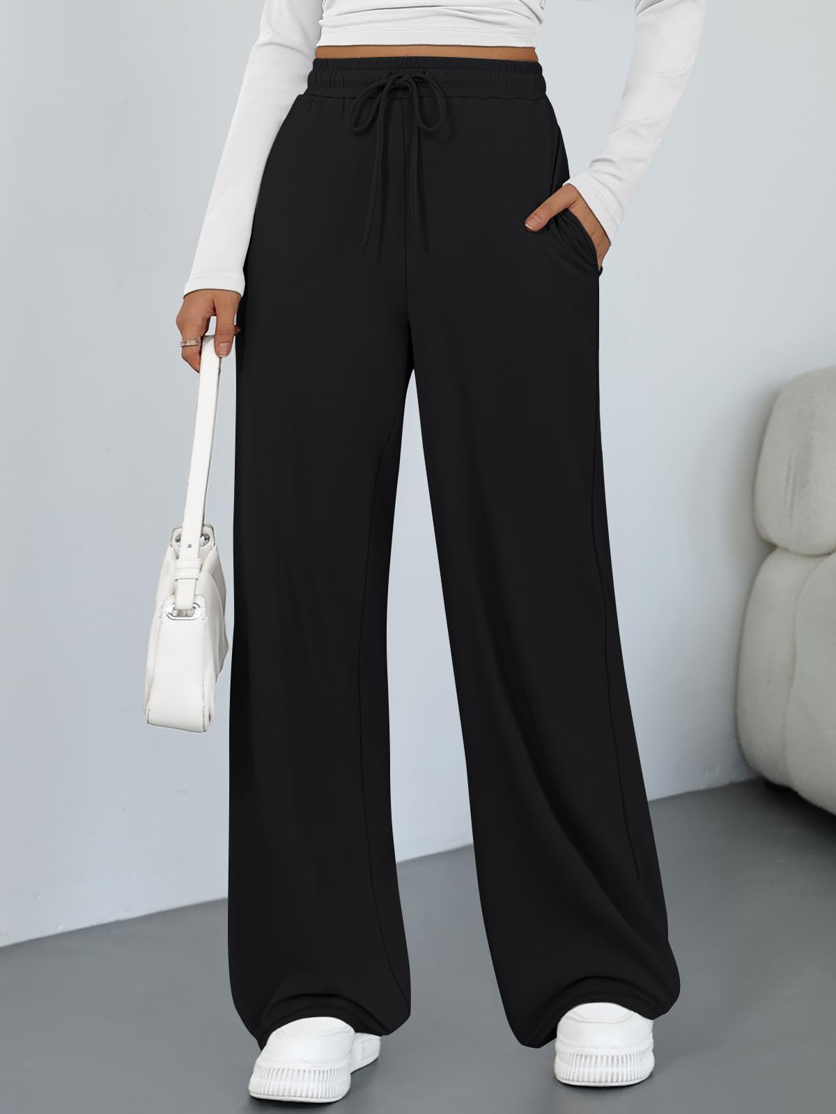 Trendy Queen Womens Lounge Pants Wide Leg Sweatpants Comfy Barrel Pajamas Pants Baggy Flowy 2025 Fashion Outfits with Pockets Black M