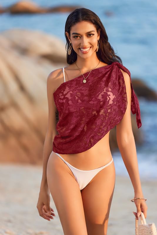 Swimsuit Coverup for Women - Chiffon Lace Sarong - Lace Wine Red