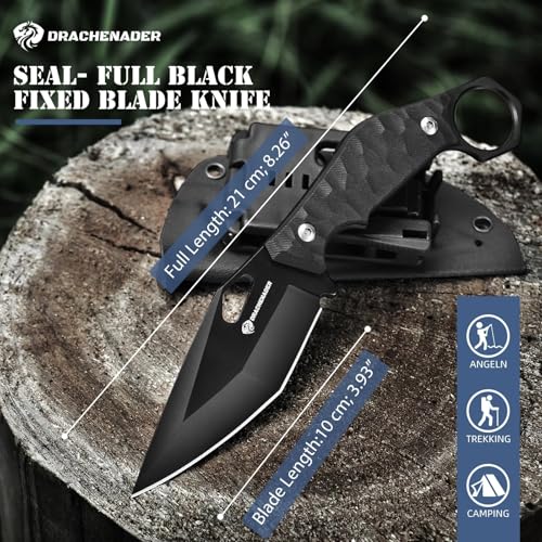DRACHENADER 9" Survival Knife with Kydex Sheath – Full Black, 5mm 5Cr13MoV, G10 Handle, Fixed Blade