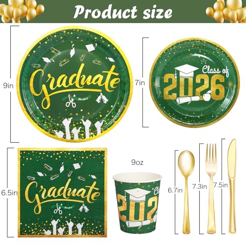 Green and Gold Graduation Plates and Napkins Set - Serves 24