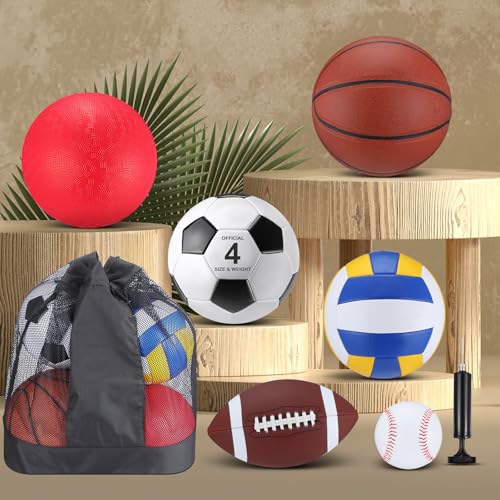 Brown Kids Multi-Sport Balls Set with Drawstring Mesh Bag - 8-in-1 Youth Sports Equipment