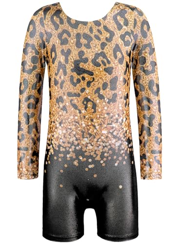 Girls' Sparkly Gold Leopard Gymnastics Leotard with Shorts - 7-8 Years