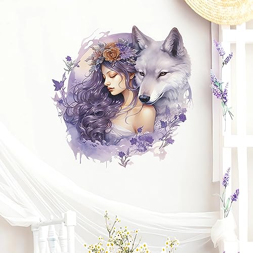 Vivid Purple Wolf Girl Wall Stickers, sacinora Creative Cold Beauty Art Wall Decals Removable Vinyl Peel and Stick for Nursery Living Room Bedroom Children's Room Decorations