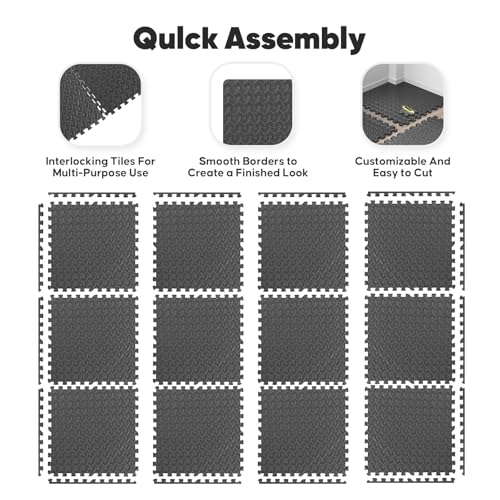 Interlocking Foam Exercise Mat - 16 Pack, 64 sqft, Black