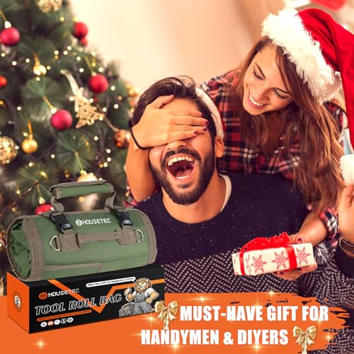 Roll Up Tool Bag-Gifts For Men Dad Husbands Him, Father's Day Birthday Gifts For Men, Heavy Duty Tool Organizer Bag With 2 Detachable Pouches Mechanic Carpenter (Green)