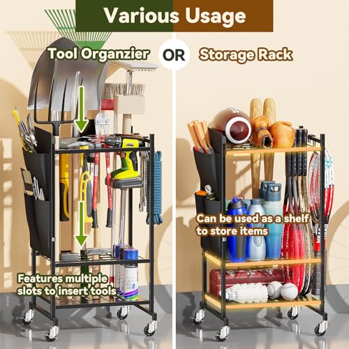 SUFAUY Garden Tool Organizer, Rolling Heavy-Duty Garage Tool Stand, Yard Storage Rack with Casters and Hooks, Black