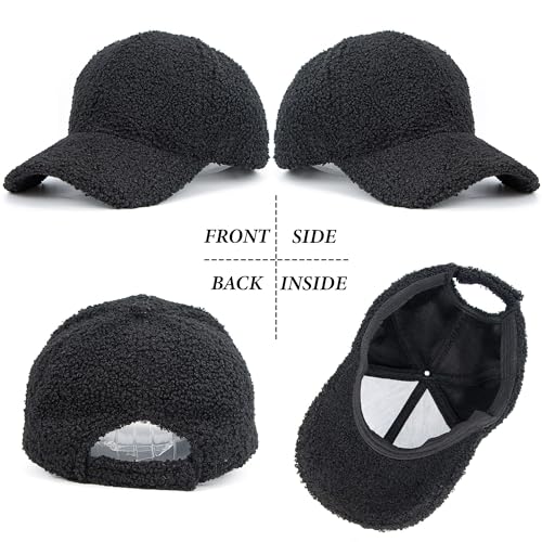 Faux Shearling Baseball Cap - Unisex Winter Hat, One Size Black