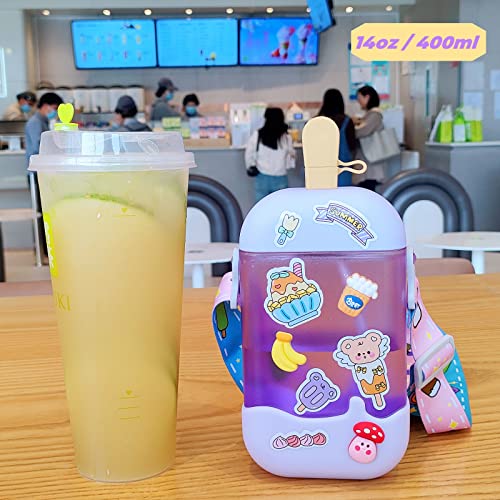 GMKD Purple Kawaii Ice Cream Water Bottle for Girls, 14oz BPA-Free Popsicle Design with Straw & Adjustable Shoulder Strap