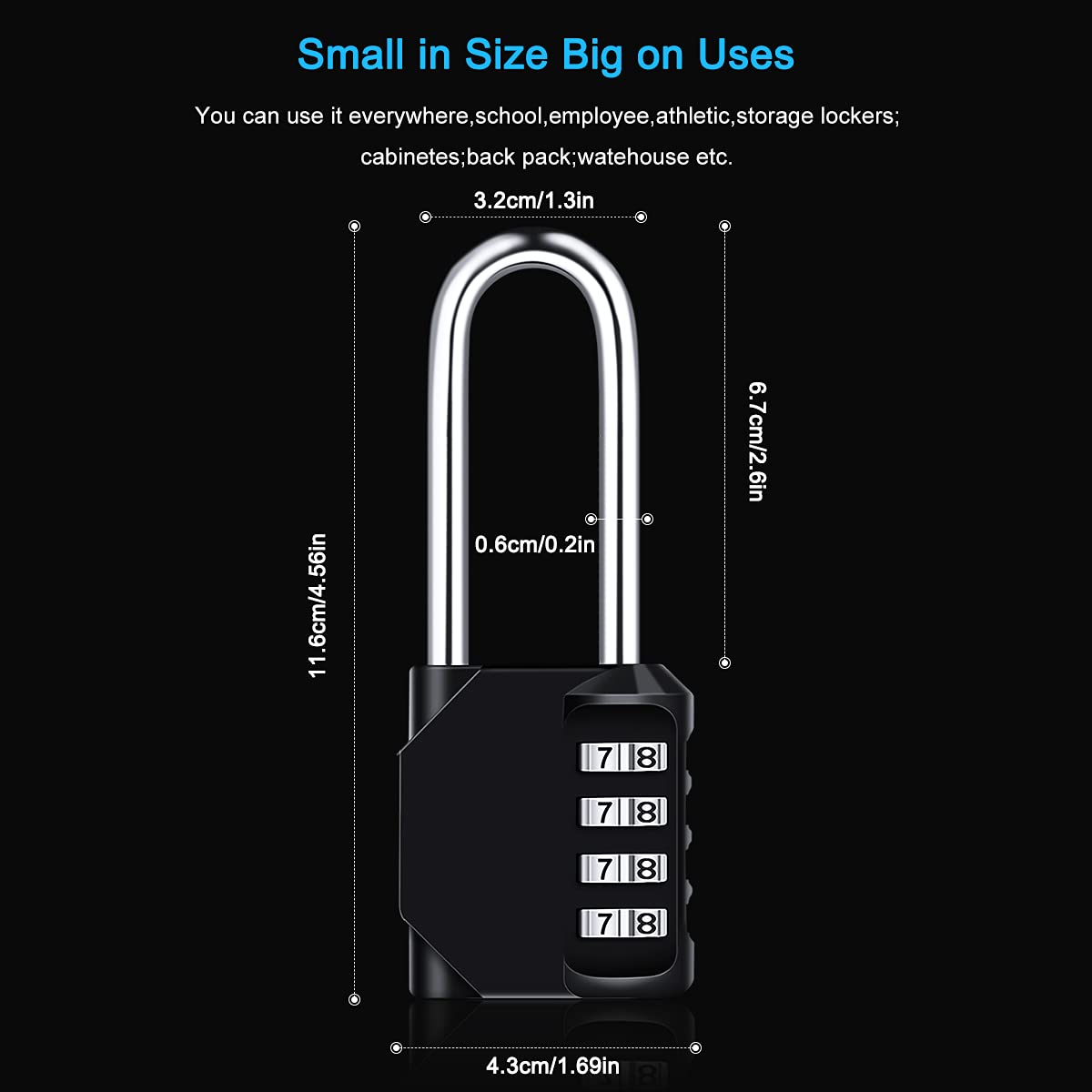 2 Pack 2.6in Long Combination Padlock, Waterproof 4 Digit Combination Lock, Weatherproof Metal & Galvanized Steel, for Schools, Gyms and Lockers, Black