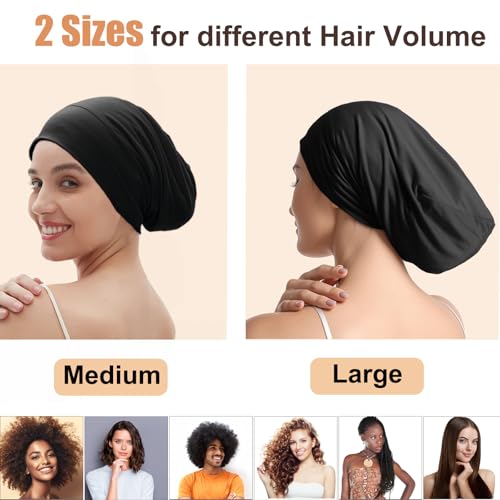 Roybens Satin Lined Sleep Cap Bonnet - Adjustable Satin Bonnet, 2pc (Black + Light Gray) Medium