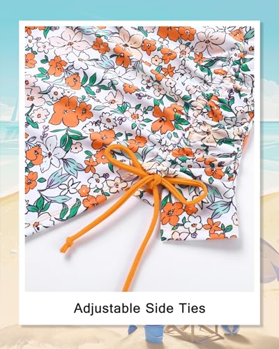 Girls Tankini Swimsuit - Printed Two Piece Bathing Suit with Drawstring, Orange Floral - Age 13-14