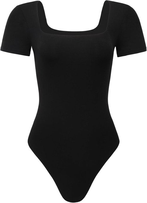 AUROLA Square Neck Bodysuit - Stylish Short Sleeve Double-Lined Stretchy Top for Everyday Wear