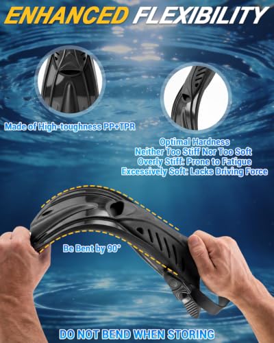 Adjustable Diving Fins for Adults - Open Heel Swim Flippers - Black L/XL