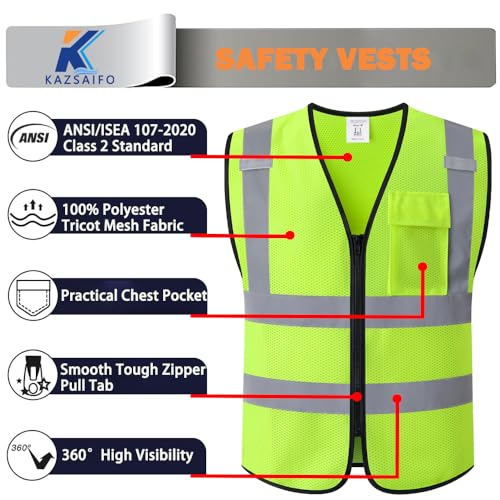 Hi Vis Reflective Safety Vest for Men Women with Chest Pocket Mesh High Visibility Class 2 Construction Vest,Meets ANSI/ISEA Standard(KZ179-Yellow-L)