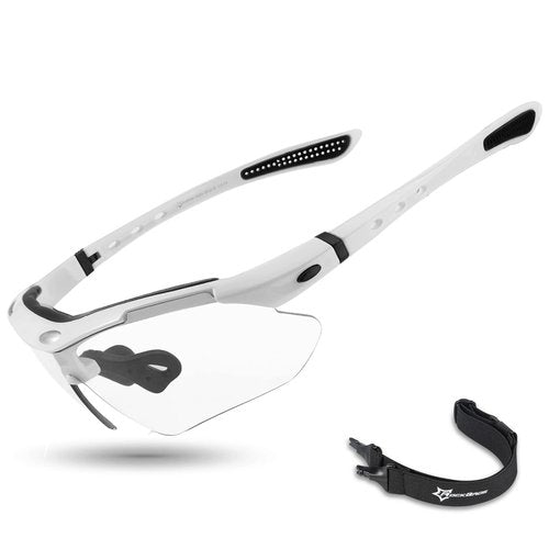 ROCKBROS Photochromic Sports Sunglasses Mens Pickleball Glasses Cycling Glasses MTB Sunglasses, with Removable Elasctic Band，White