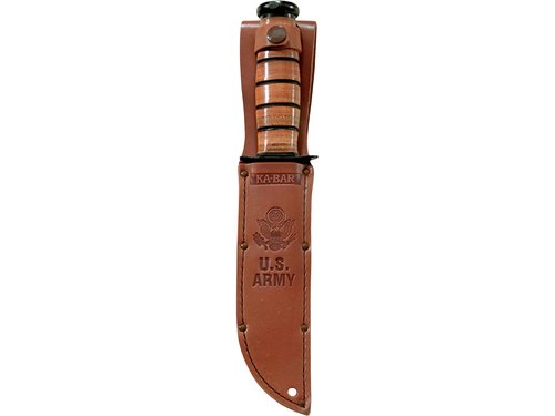 KA-BAR U.S. Army Fighting Fixed Blade Knife 7" Clip Point 1095 Cro-Van Black Powder Coat Blade Stacked Leather Handle Black/Brown