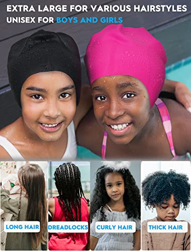 Careula 2 Pack Kids Large Silicone Swim Cap for Long Hair – Black & Rose Red