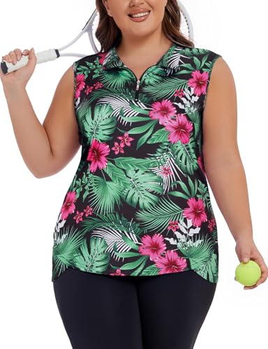 Koscacy Women's Plus Size Tropical Print Sleeveless Golf Polo Zip Up Workout Tank Top 3X-Large