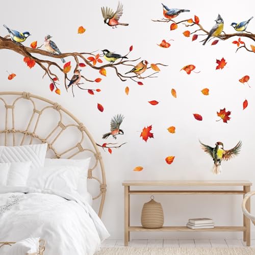 Fall Wall Stickers Tree Bird Branch Leaves Wall Decals Autumn Room Mural Stickers for Thanksgiving Home School Office Party Decor, 11.8 x 35.4 Inch, 2 Rolls